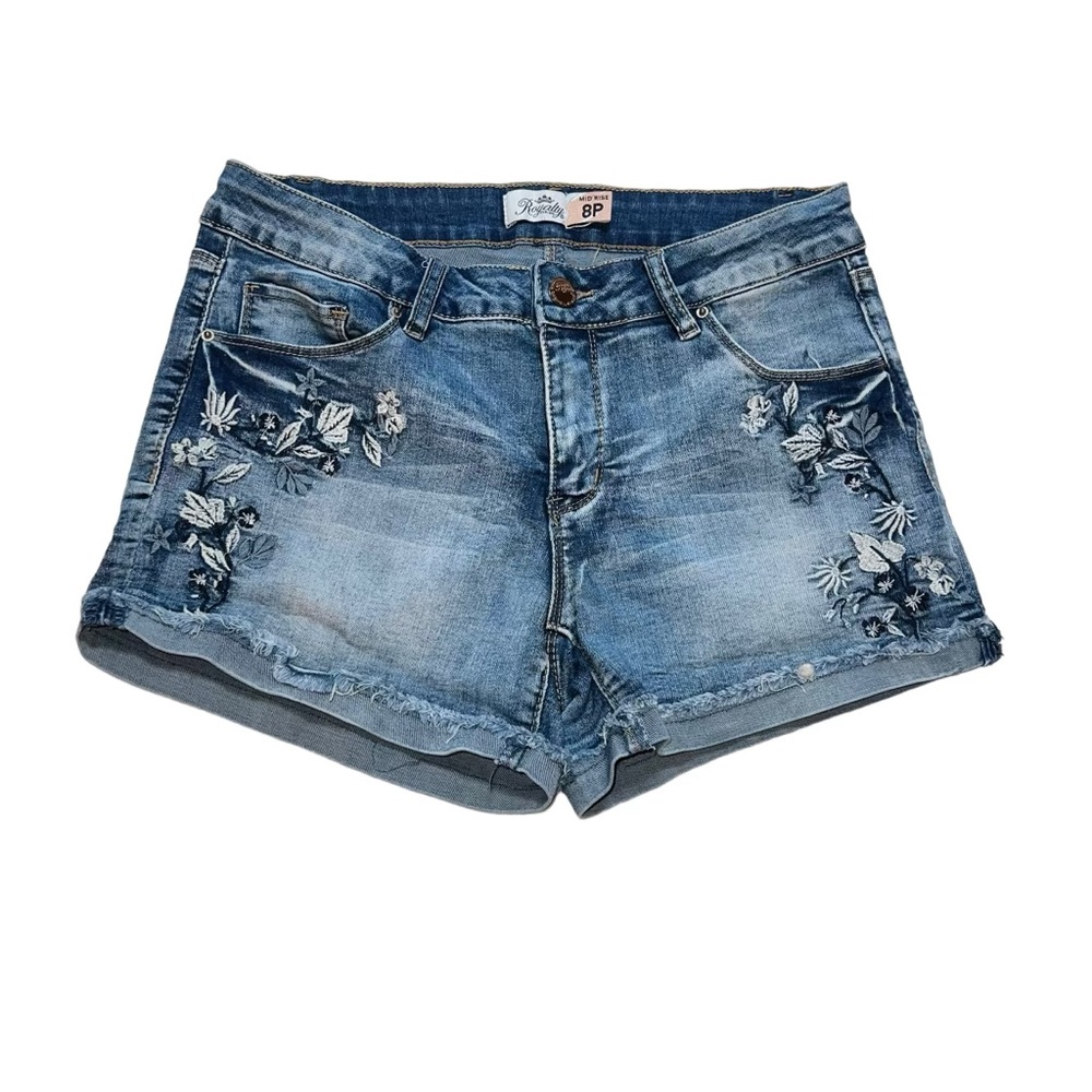🤑 5/$25 Royalty For Me Floral Embroidered Mid Rise Blue Denim Jean Shorts